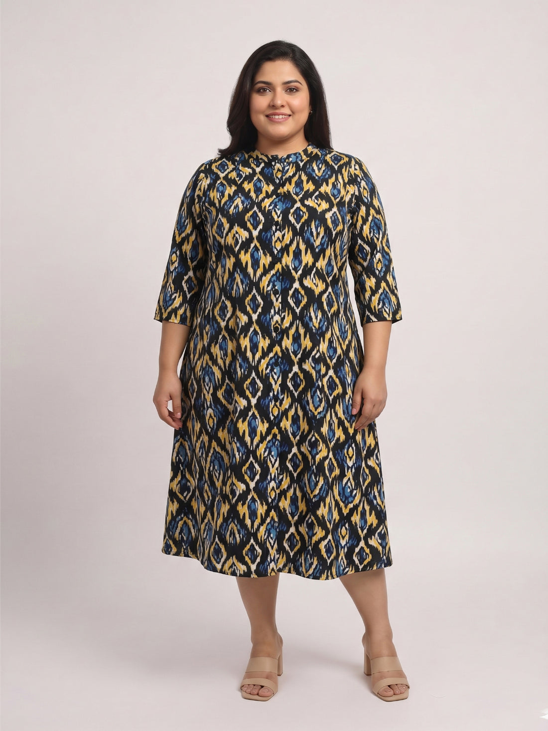 Plus Size Women's Mandarin Collar Midi A-Line Printed Button-Down 3/4 Sleeves Dress | Sizes 3XL to 8XL