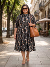 Plus Size Women's Mandarin Collar Midi A-Line Printed Button-Down 3/4 Sleeves Dress | Sizes 3XL to 8XL