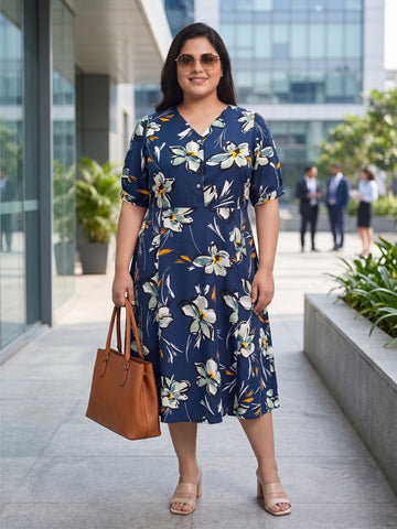 Plus Size Women’s Floral Printed Polyester A-Line Midi Dress with V-Neck & Short Sleeves Sizes 3XL to 8XL