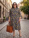 Plus Size Women's Mandarin Collar Midi A-Line Printed Button-Down 3/4 Sleeves Dress | Sizes 3XL to 8XL