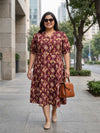 Plus Size Women’s Floral Printed Polyester A-Line Midi Dress with V-Neck & Short Sleeves Sizes 3XL to 8XL