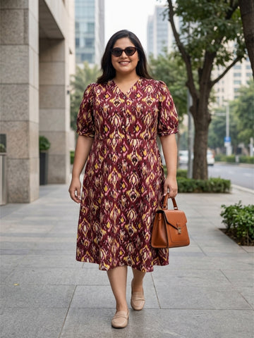 Plus Size Women’s Floral Printed Polyester A-Line Midi Dress with V-Neck & Short Sleeves Sizes 3XL to 8XL