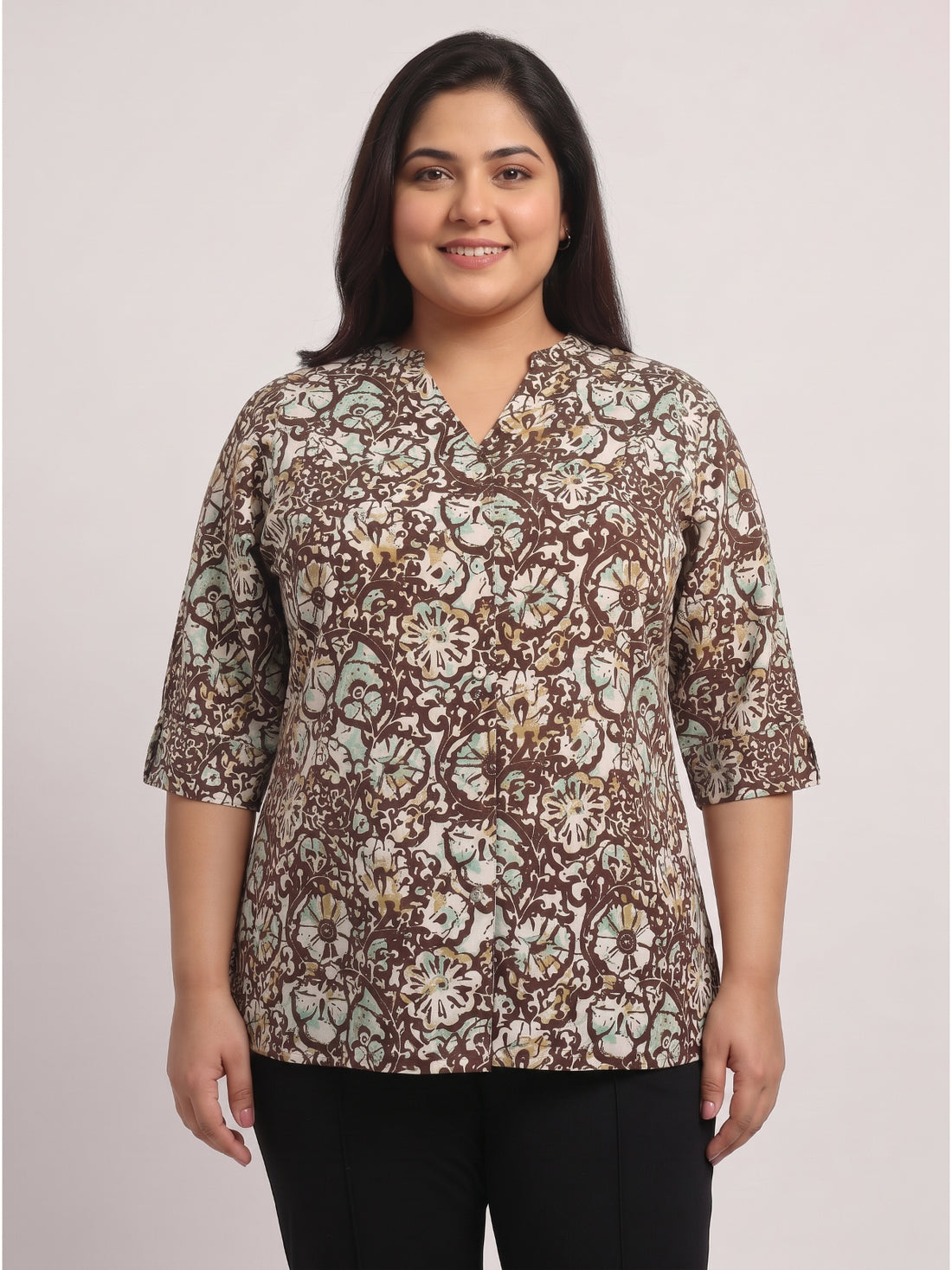 Plus Size Women’s Printed V-Notch Neck Top with 3/4 Sleeves Soft Crepe Fabric |Sizes 3XL-8XL