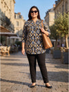 Plus Size Women's Printed V-Neck Polyester Top with 3/4 Sleeves and Button Closure | Sizes 3XL to 8XL