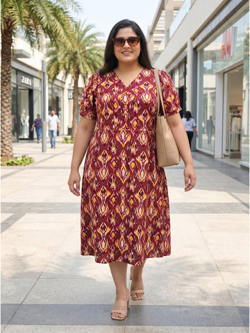 Plus Size Women's Floral Print A-Line V-Neck Midi Dress | Soft Rayon Fabric | Regular Fit | Sizes 3XL to 8XL