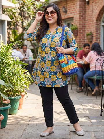 Plus Size Women's Printed V-Neck 3/4th Sleeve Lightweight Polyester Top 3XL to 8XL