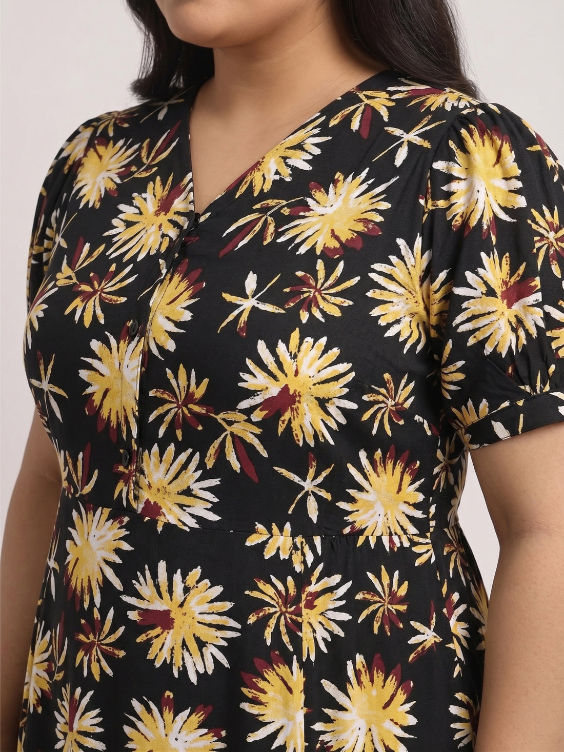 Plus Size Women's Floral Print A-Line V-Neck Midi Dress | Soft Rayon Fabric | Regular Fit | Sizes 3XL to 8XL
