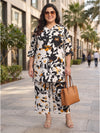 Plus Size Women's Floral Printed Co-Ord Set | V-Neck, 3/4th Sleeves Polyester Tunic & Pants Set 3XL to 8XL