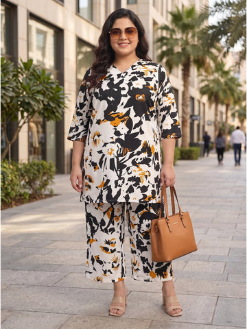 Plus Size Women's Floral Printed Co-Ord Set | V-Neck, 3/4th Sleeves Polyester Tunic & Pants Set 3XL to 8XL