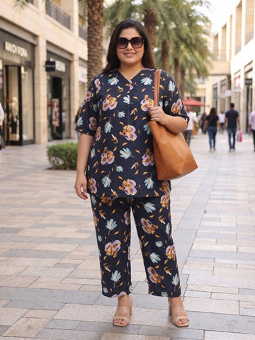Plus Size Women's Floral Print 3/4th Sleeve V-Neck Crepe Co-Ord Set |Sizes 3XL to 8XL