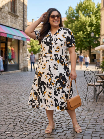 Plus Size Women's Floral Print A-Line V-Neck Midi Dress | Soft Rayon Fabric | Regular Fit | Sizes 3XL to 8XL