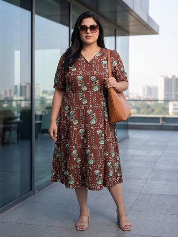 Plus Size Women’s Floral Printed Polyester A-Line Midi Dress with V-Neck & Short Sleeves Sizes 3XL to 8XL