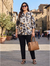 Plus Size Women's Printed V-Neck Polyester Top with 3/4 Sleeves and Button Closure | Sizes 3XL to 8XL
