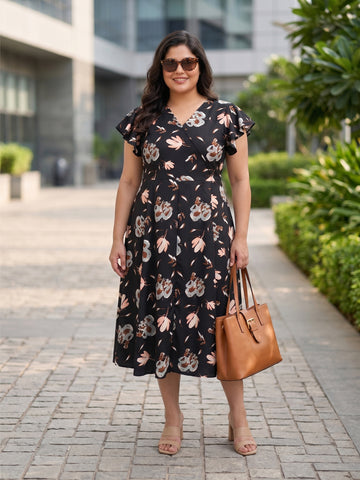 Plus Size Flutter Sleeve Fit & Flare Midi Dress
