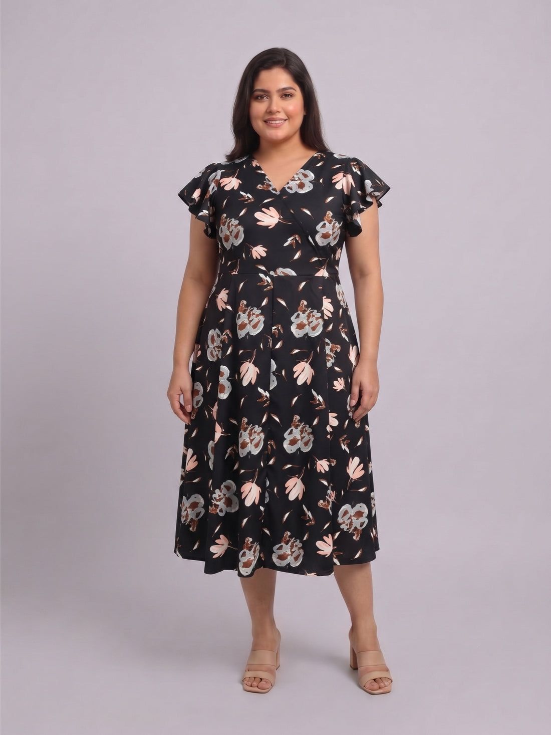 Plus Size Flutter Sleeve Fit & Flare Midi Dress