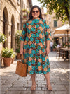 Plus Size Women's Mandarin Collar Midi A-Line Printed Button-Down 3/4 Sleeves Dress | Sizes 3XL to 8XL