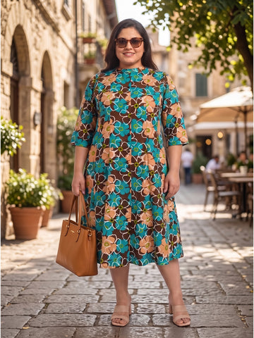 Plus Size Women's Mandarin Collar Midi A-Line Printed Button-Down 3/4 Sleeves Dress | Sizes 3XL to 8XL
