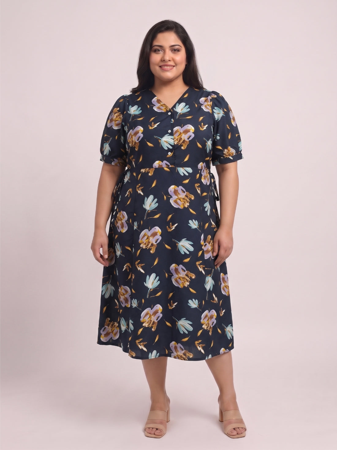Plus Size Women’s Floral Printed Polyester A-Line Midi Dress with V-Neck & Short Sleeves Sizes 3XL to 8XL
