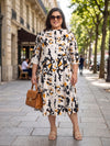 Plus Size Women's Mandarin Collar Midi A-Line Printed Button-Down 3/4 Sleeves Dress | Sizes 3XL to 8XL