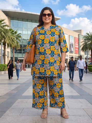 Plus Size Women's Ethnic Floral Printed Co-Ord Set | V-Neck, 3/4th Sleeves Polyester Tunic & Pants Set 3XL to 8XL
