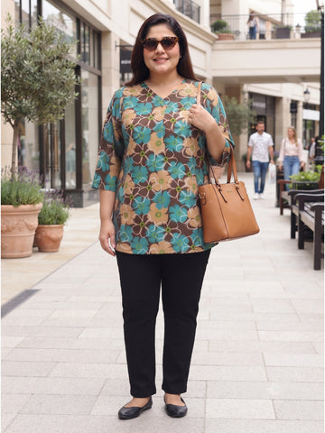 Plus Size Women's Floral Printed V-Neck 3/4th Sleeve Lightweight Polyester Top 3XL to 8XL