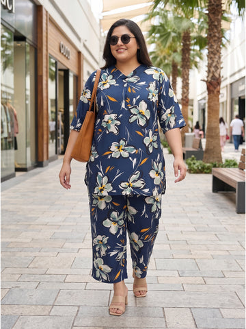 Plus Size Women's Floral Print 3/4th Sleeve V-Neck Crepe Co-Ord Set |Sizes 3XL to 8XL