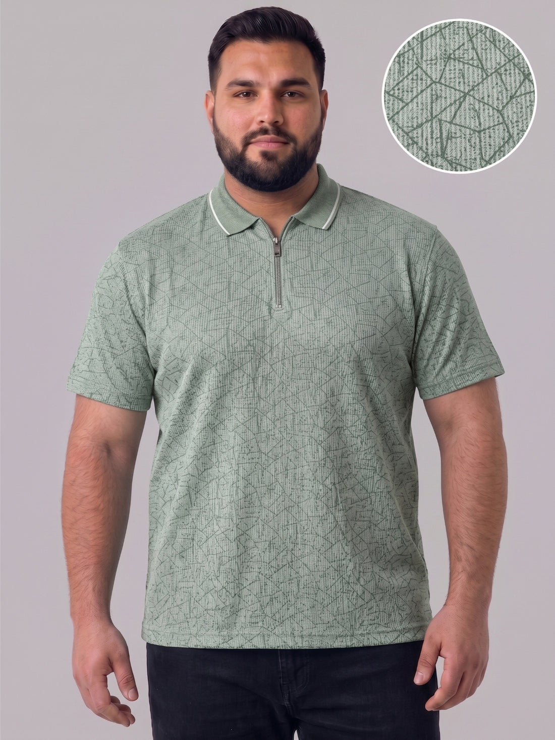 Plus Size Men's Textured Print Polo Neck Short Sleeve Tshirt