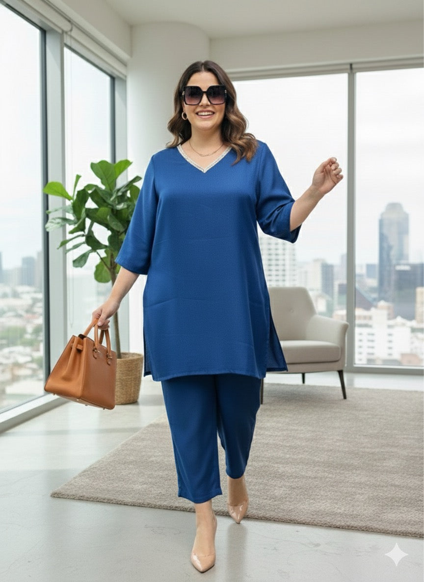 Plus Size Blue Relaxed Fit Solid Tunic And Trousers