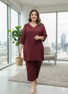 Plus Size Wine Relaxed Fit Solid Tunic And Trousers