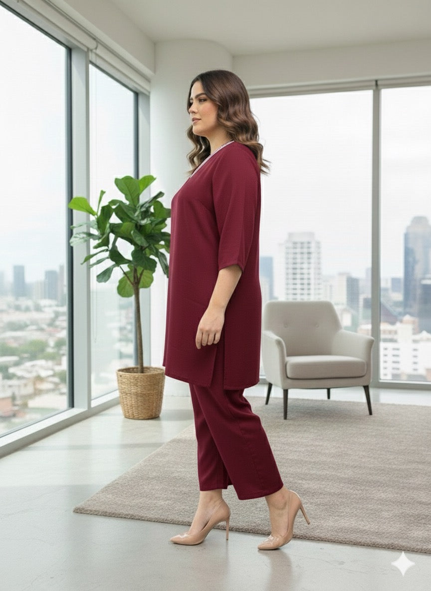 Plus Size Wine Relaxed Fit Solid Tunic And Trousers