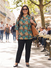 Plus Size Women's Printed V-Neck Polyester Top with 3/4 Sleeves and Button Closure | Sizes 3XL to 8XL