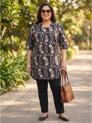 Plus Size Women's Floral Printed V-Neck 3/4th Sleeve Lightweight Polyester Top 3XL to 8XL