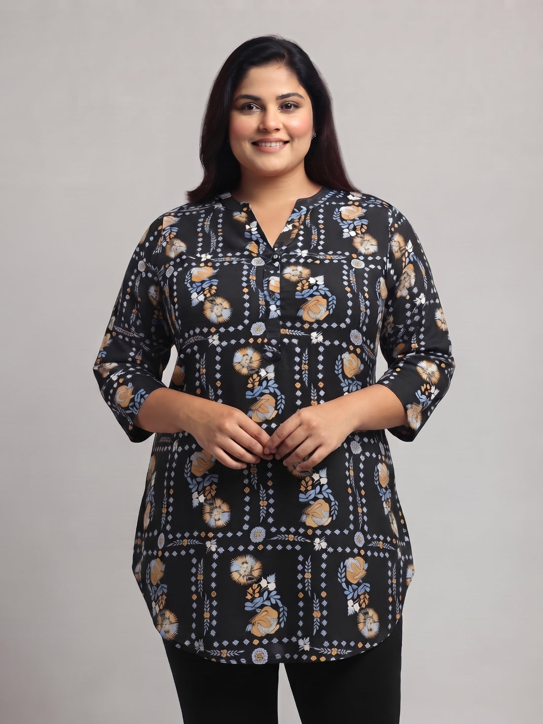 Plus Size Women's Printed V-Neck Polyester Top with 3/4 Sleeves and Button Closure | Sizes 3XL to 8XL