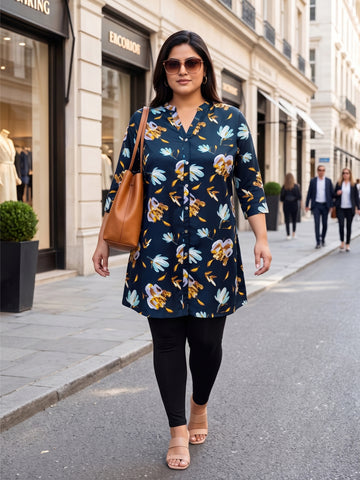 Plus Size Women's Printed Polyester 3/4 Sleeves V-Neck Tunic Sizes 3XL to 8XL