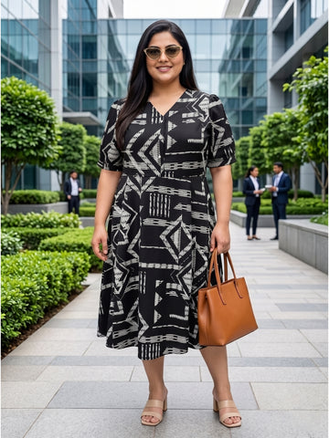 Plus Size Women’s Floral Printed Polyester A-Line Midi Dress with V-Neck & Short Sleeves Sizes 3XL to 8XL