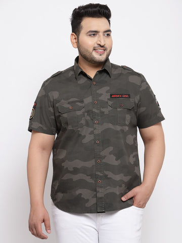 Men Plus Size Olive Brown Regular Fit Camouflage Printed Casual Shirt