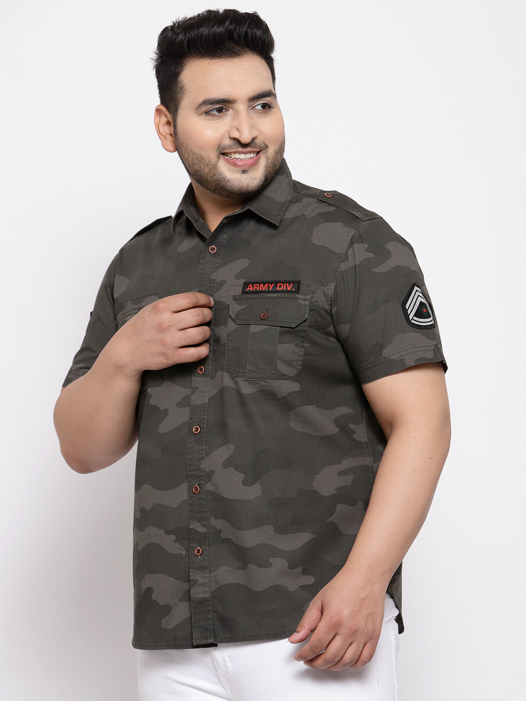 Men Plus Size Olive Brown Regular Fit Camouflage Printed Casual Shirt