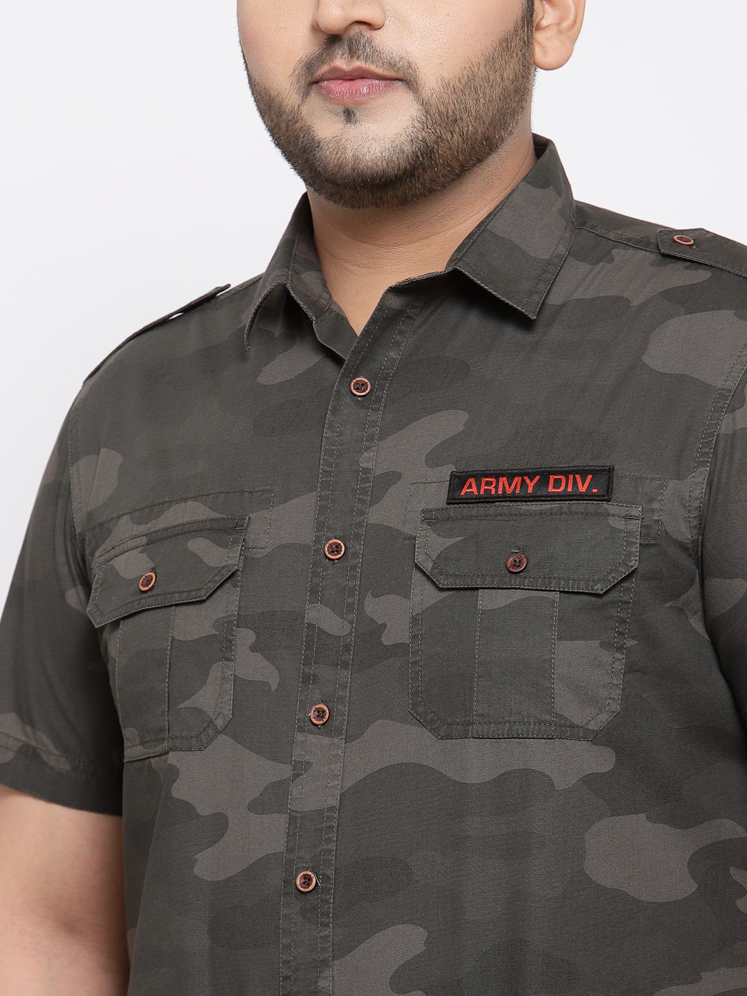 Men Plus Size Olive Brown Regular Fit Camouflage Printed Casual Shirt