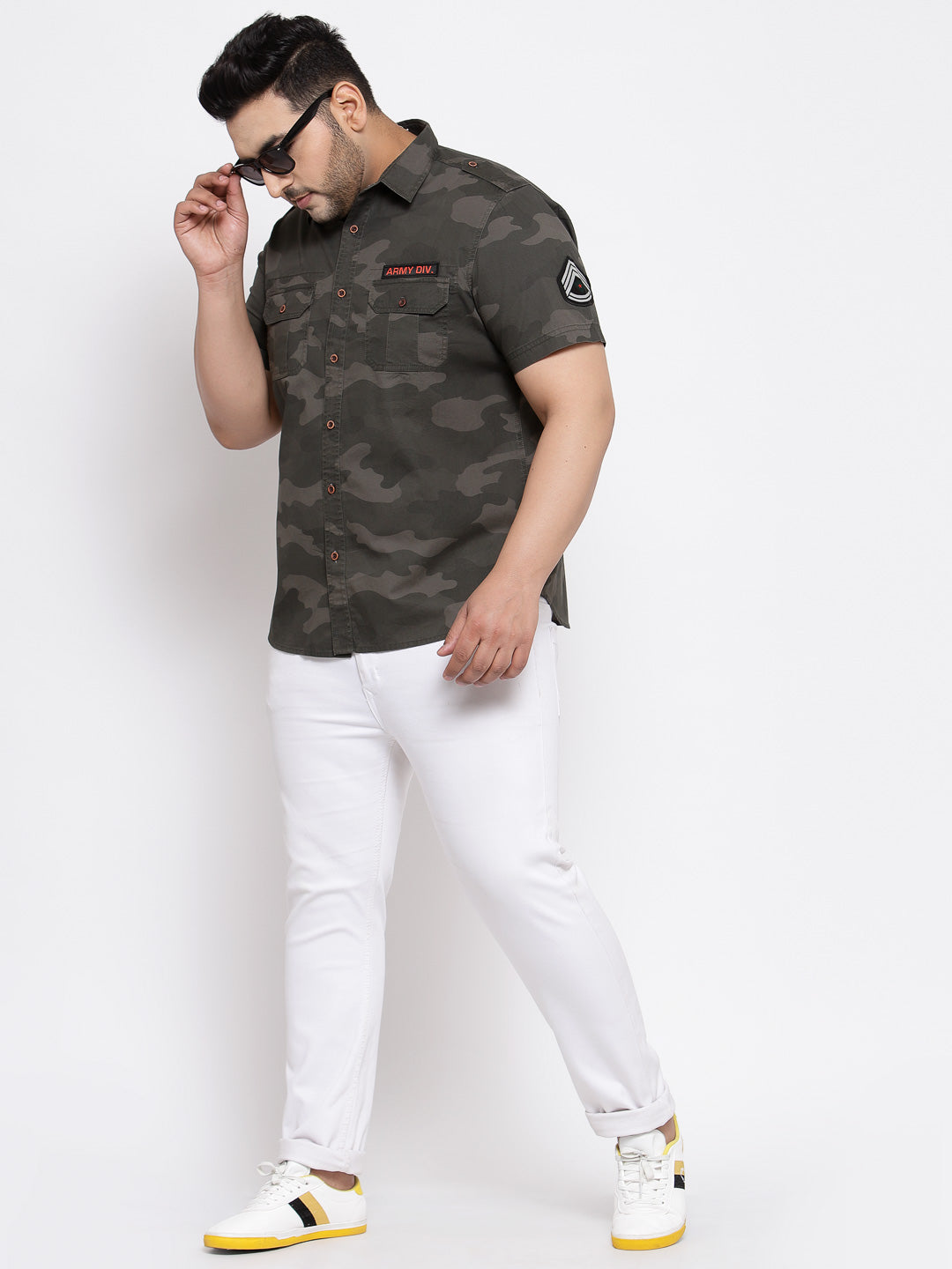 Men Plus Size Olive Brown Regular Fit Camouflage Printed Casual Shirt