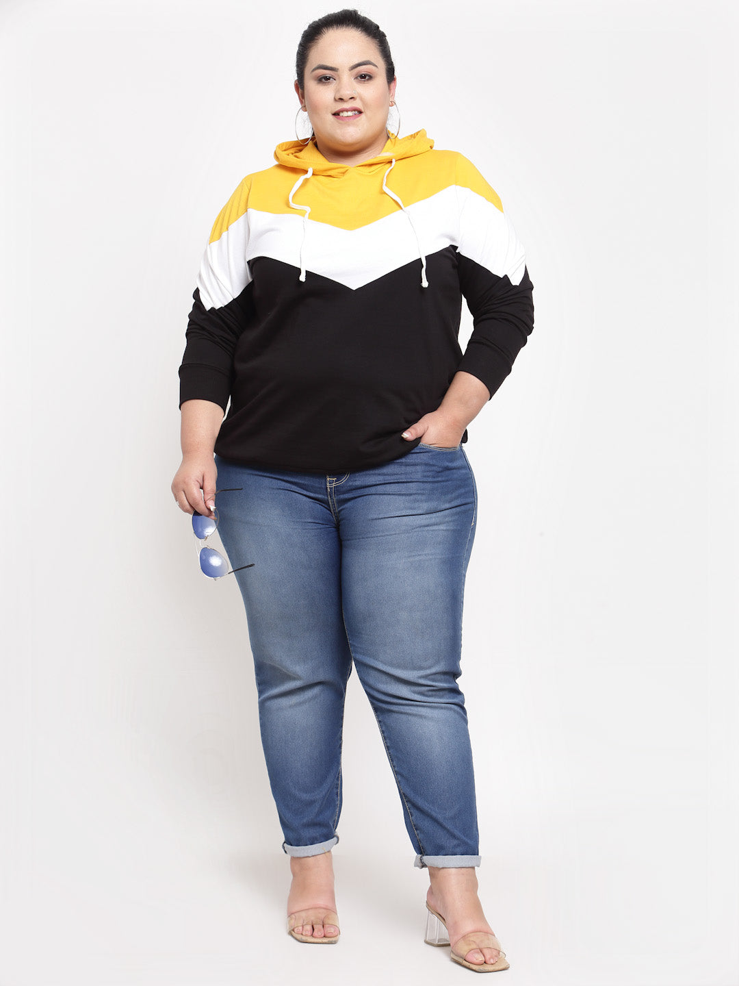 plusS Plus Size Women Black  Yellow Colourblocked Hooded Sweatshirt