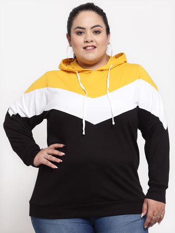 plusS Plus Size Women Black  Yellow Colourblocked Hooded Sweatshirt