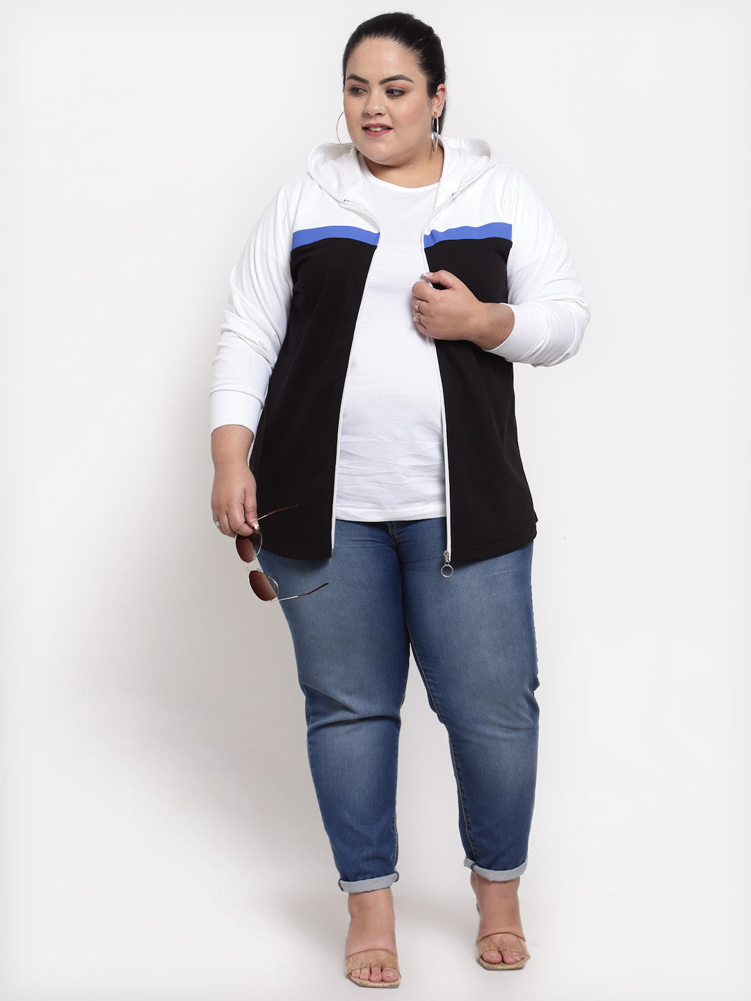 plusS Women Plus Size White  Black Colourblocked Hooded Cotton Sweatshirt