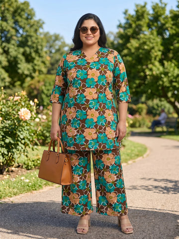 Plus Size Women's Ethnic Floral Printed Co-Ord Set | V-Neck, 3/4th Sleeves Polyester Tunic & Pants Set 3XL to 8XL