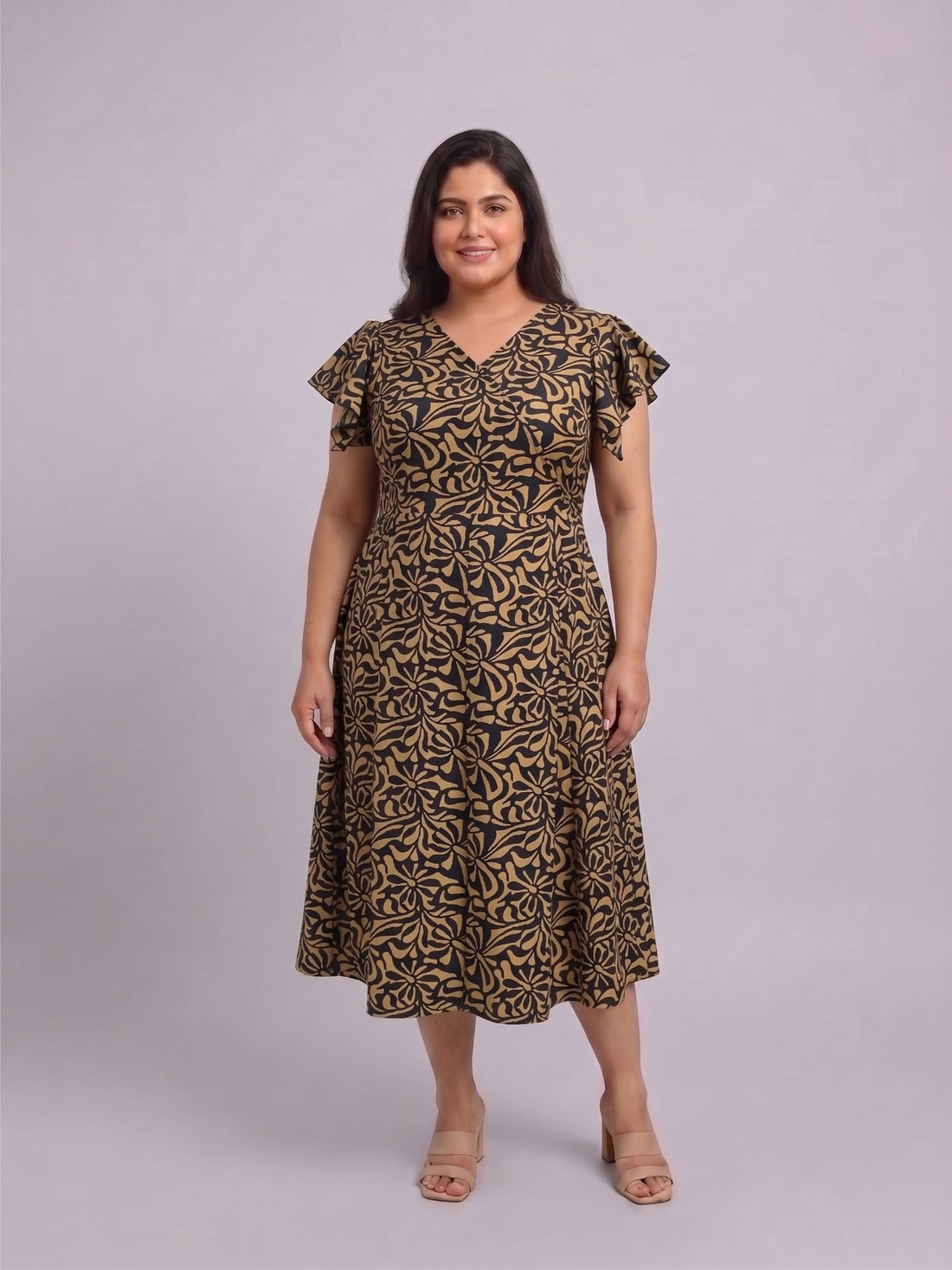 Plus Size Flutter Sleeve Fit & Flare Midi Dress