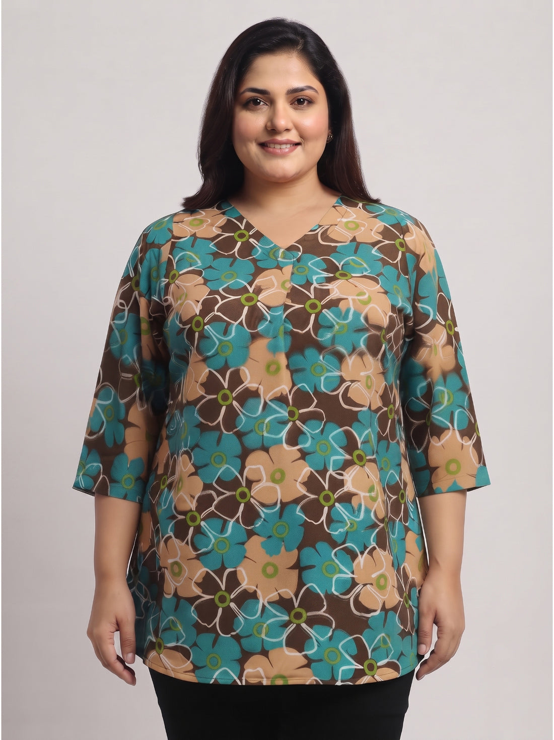 Plus Size Women's Floral Printed V-Neck 3/4th Sleeve Lightweight Polyester Top 3XL to 8XL
