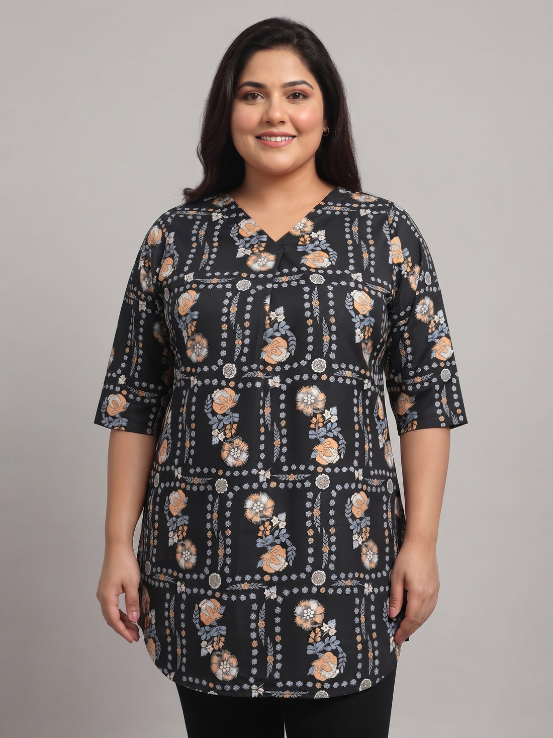 Plus Size Women's Floral Printed V-Neck 3/4th Sleeve Lightweight Polyester Top 3XL to 8XL