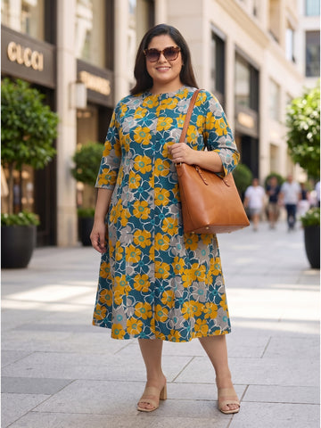 Plus Size Women's Mandarin Collar Midi A-Line Printed Button-Down 3/4 Sleeves Dress | Sizes 3XL to 8XL