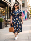 Plus Size Women’s Floral Printed Polyester A-Line Midi Dress with V-Neck & Short Sleeves Sizes 3XL to 8XL