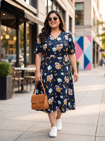 Plus Size Women’s Floral Printed Polyester A-Line Midi Dress with V-Neck & Short Sleeves Sizes 3XL to 8XL
