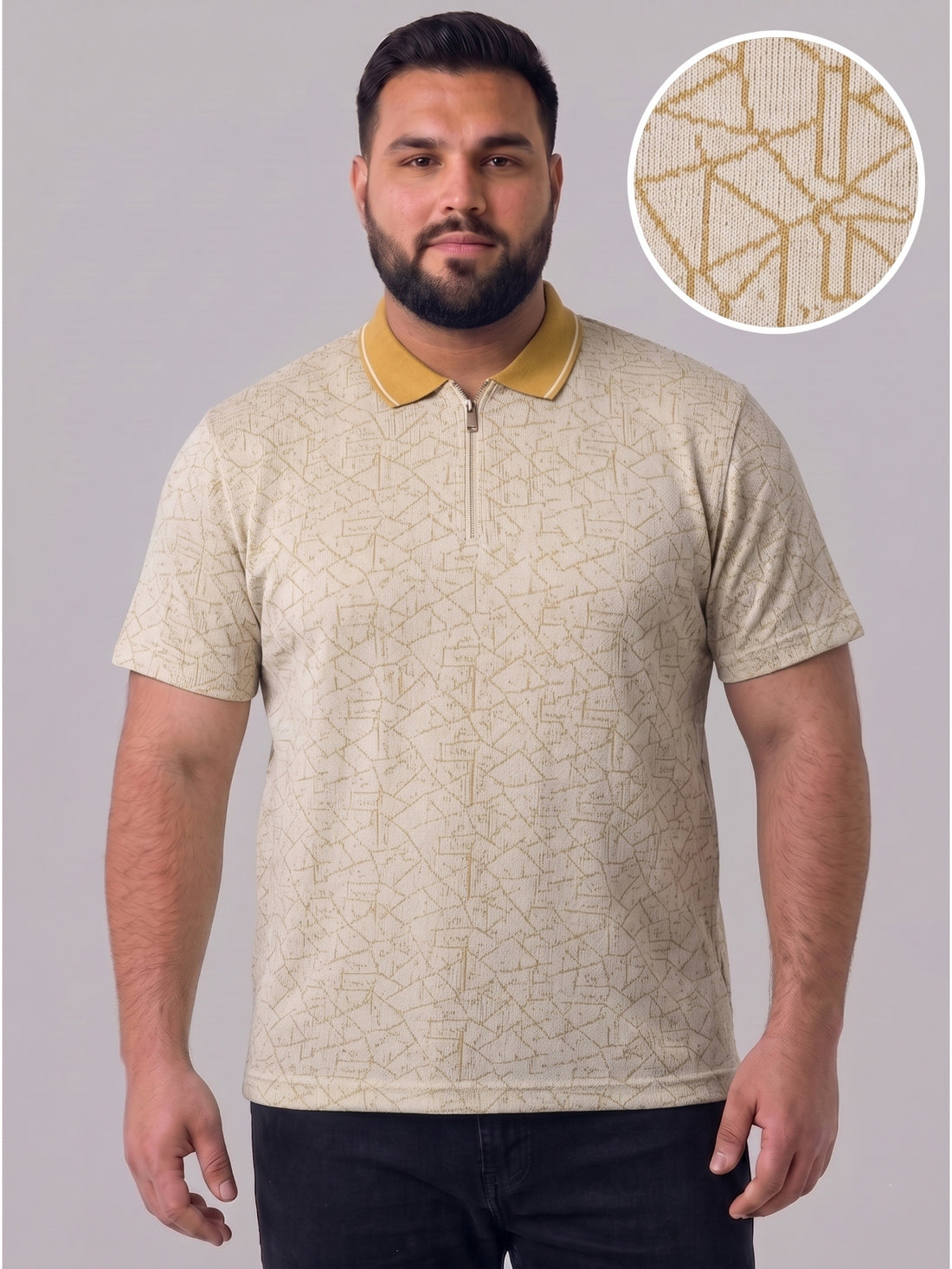 Plus Size Men's Textured Print Polo Neck Short Sleeve Tshirt